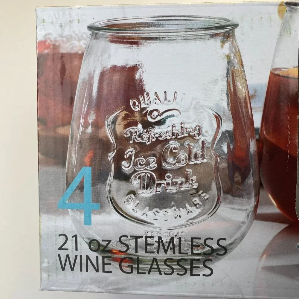 Quality Refreshing Stemless Wine Glasses Glassware 21 Oz Set of 4.Ice Cold Drink